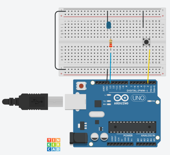 Un diagrama de TINKERCAD mostrando el circuito completo. El LED en el pin 13 y el botón en el pin 2, conectado a GND.